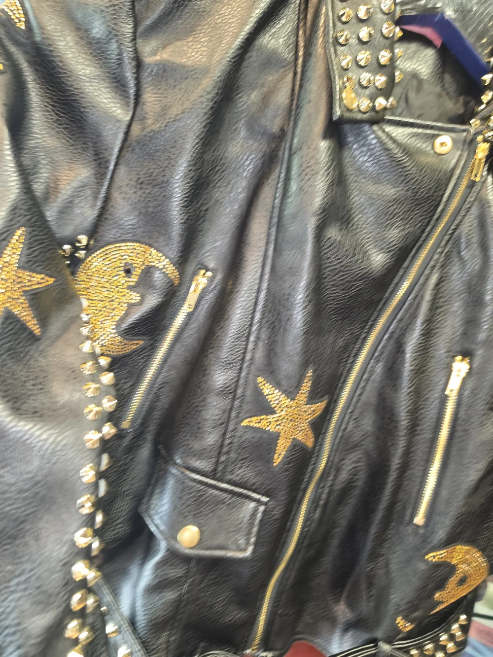 Azalba  Wang Black Leather Studded Biker Jacket with Gold Stars W 1x